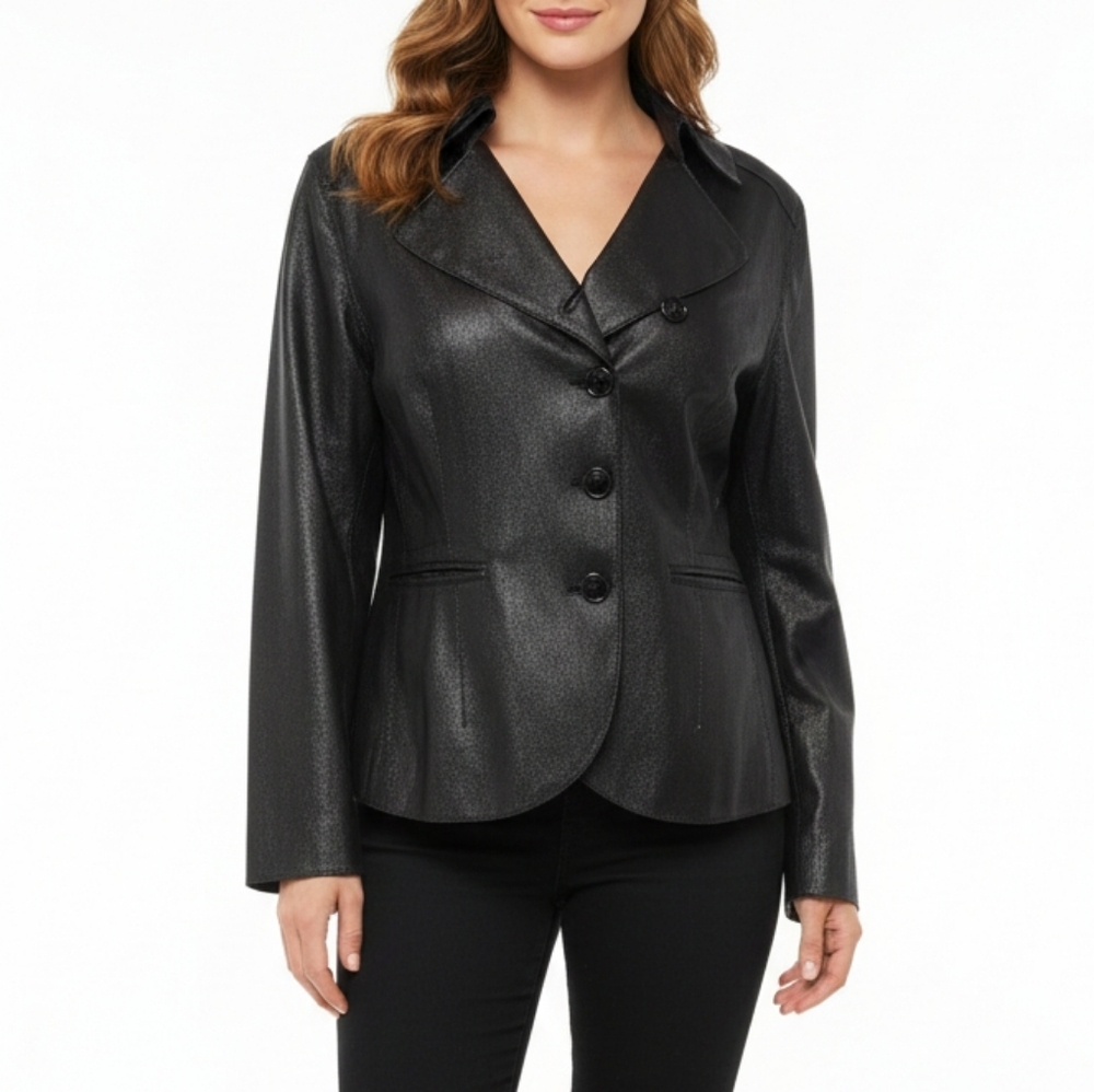 Anne Klein Coated Geniune Leather Jacket Moto Style Single Breasted Black Medium
